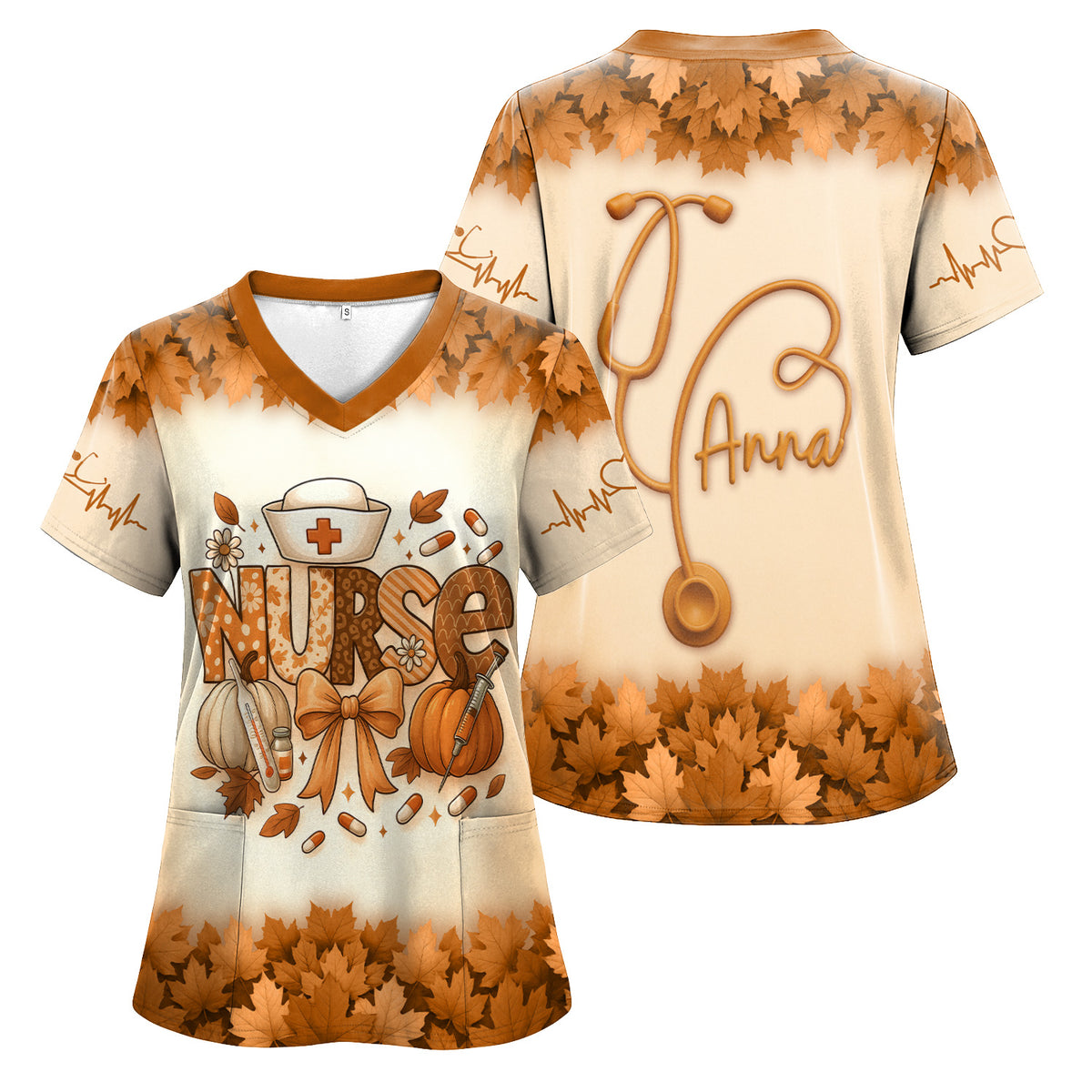 Fall Leaves Nurse Scrub Top with Pumpkins - Personalized Autumn Shirt with Custom Name - Cute Thanksgiving Gift for RN CNA LPN