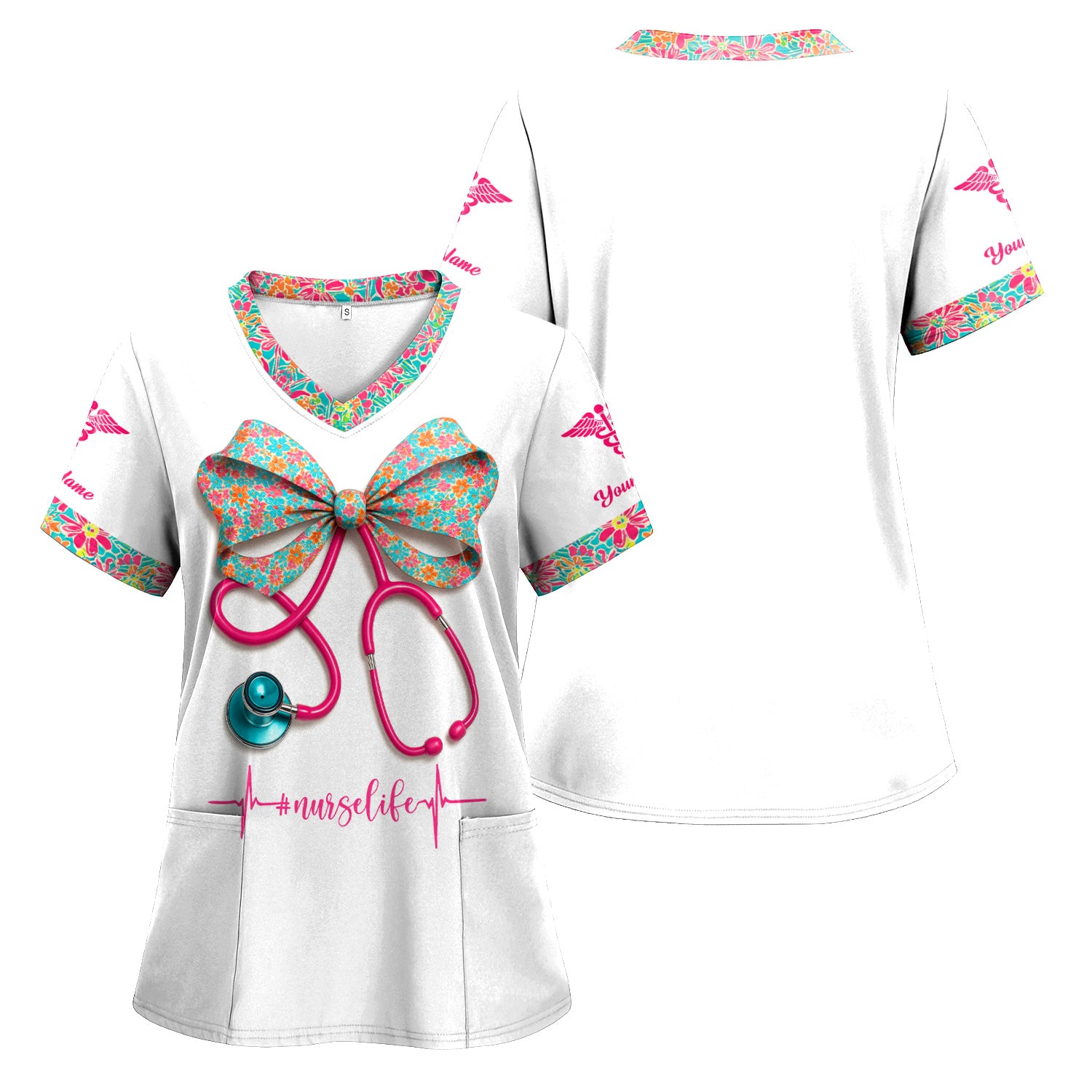 Custom Name Floral Bow Nurse Life Shirt - Cute Stethoscope Design with Heartbeat Graphic - Gift for RN LPN CNA Medical Staff