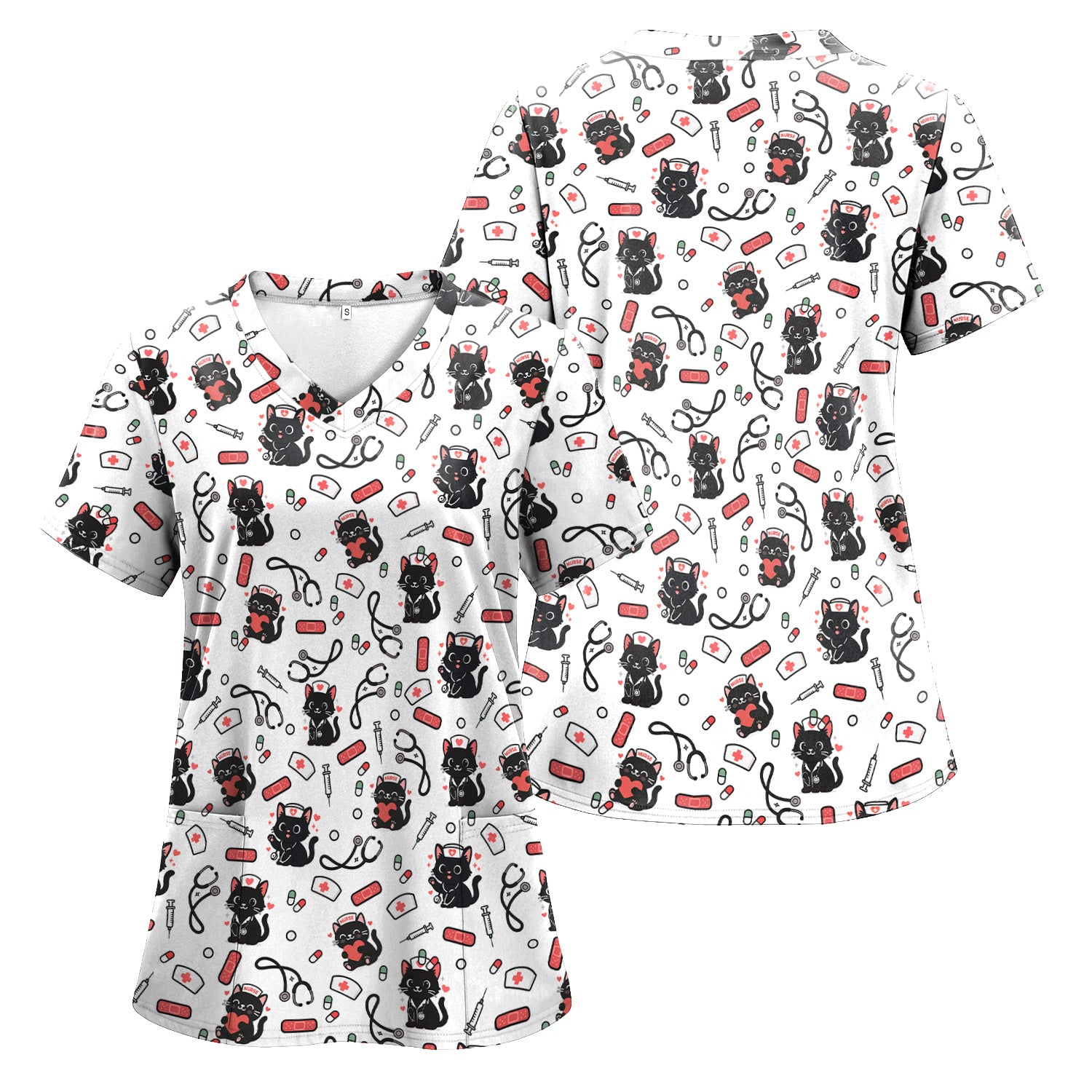 Personalized Adorable Cat Print Nurse Tee - Medical Uniform Shirt with Stethoscope - Gift for RN CNA LPN