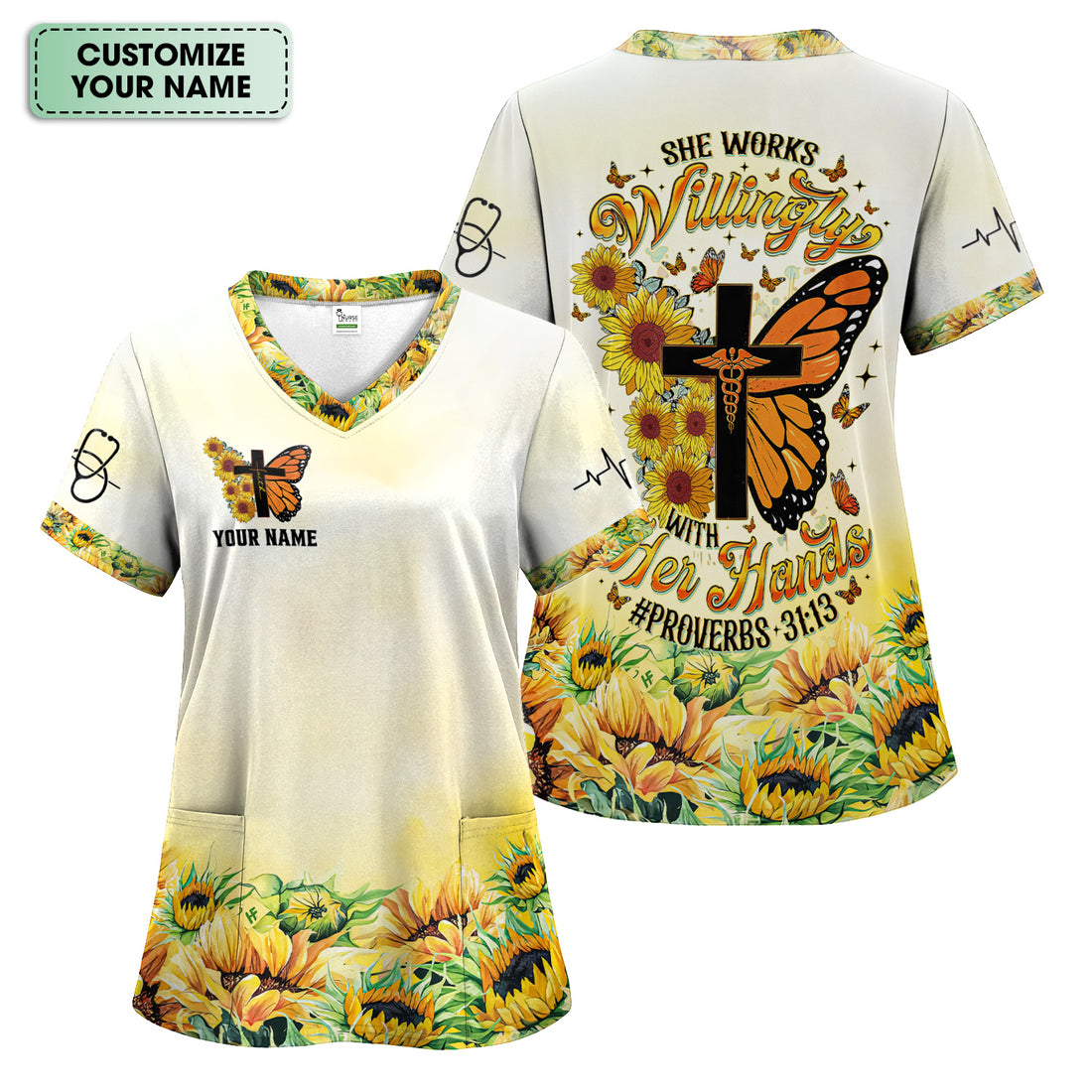 Personalized Christian Nurse Scrub Top - Sunflower Butterfly Cross & Bible Verse - Gift for RN LPN CNA Healthcare Workers