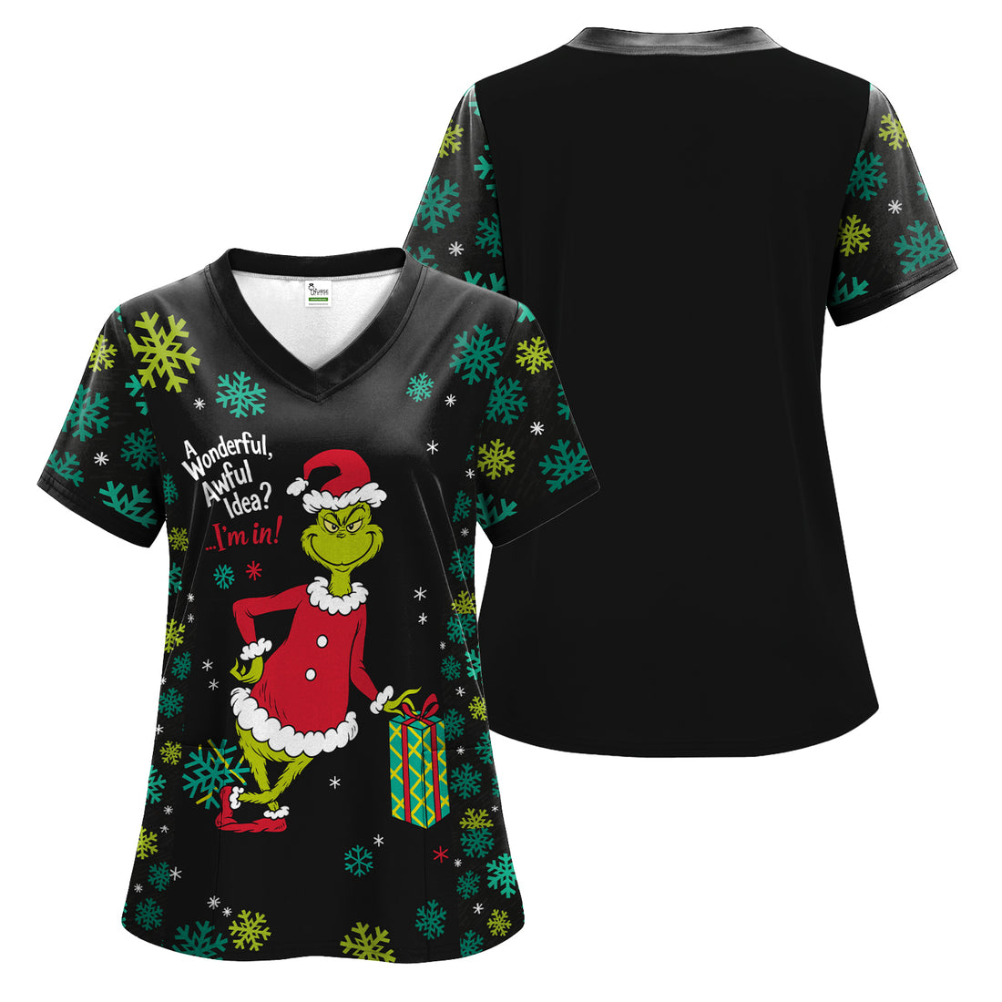 Funny Grinch Christmas Scrub Top - Holiday Medical Uniform for Women - Xmas Gift for RN LPN CNA