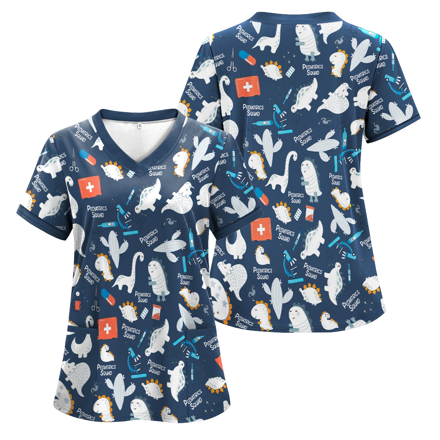 Personalized Pediatric Nurse Scrubs for Women - Cute Dino Print Medical Shirt - Gift for RN, CNA, LPN, Medical Staff