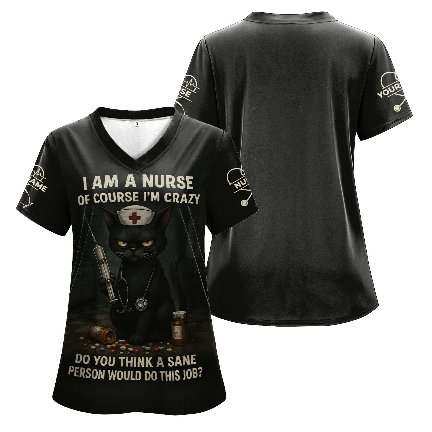 Personalized Crazy Nurse Graphic Shirt - Black Cat with Quote for RN, LPN, CNA - Hilarious Gift for Night Shift Nurses