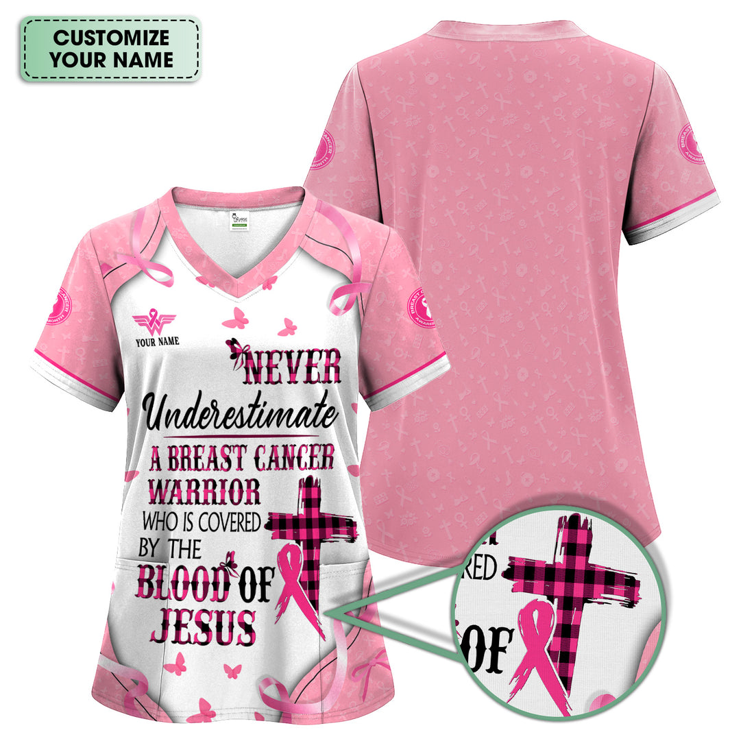 Personalized Breast Cancer Warrior Scrub - Christian Faith Quote & Pink Ribbon - Gift for RN LPN CNA