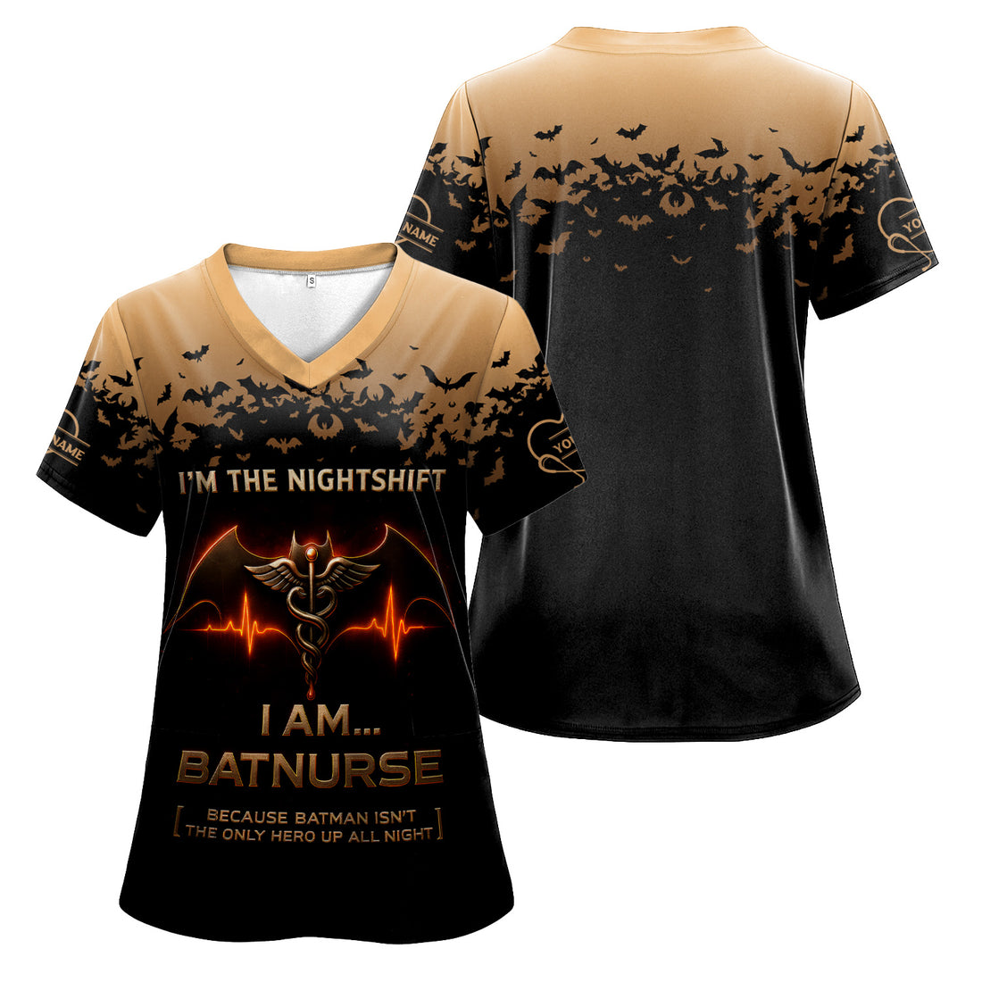 Custom Name Funny Batnurse Scrub Top - I'm the Nightshift RN LPN CNA Uniform - Halloween Gift for Healthcare Workers Nightshift Nurses