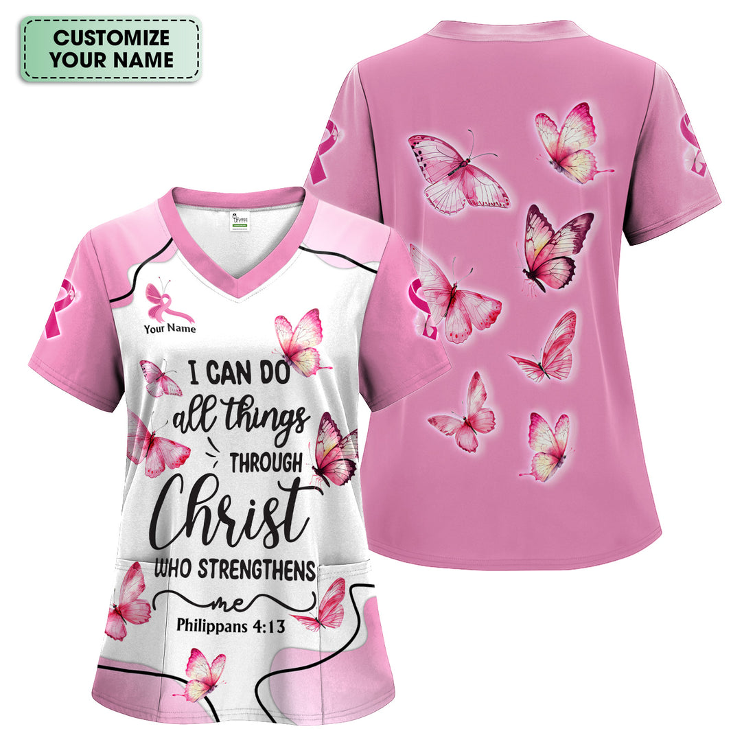 Personalized Christian Butterfly Scrub Top for Nurse -  Bible Verse All Things Through Christ - Gift for RN LPN CNA
