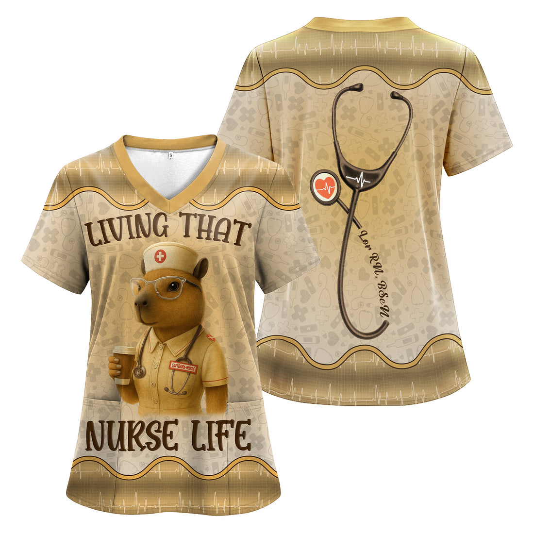 Personalized Funny Capybara Nurse Scrub - Living That Nurse Life Quote Design - Gift for RN LPN BSN Women