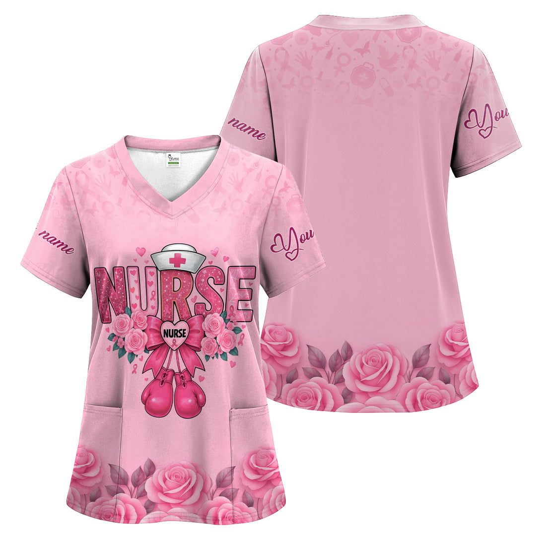 Custom Nurse Breast Cancer Awareness Scrub Top - Pink Boxing Gloves & Rose Floral Design - Gift for RN LPN CNA