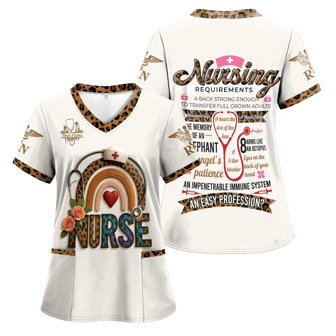 Funny Nurse Scrubs for Women - Leopard RN CNA LPN Uniform Top - Nursing Requirements Design with Custom Name