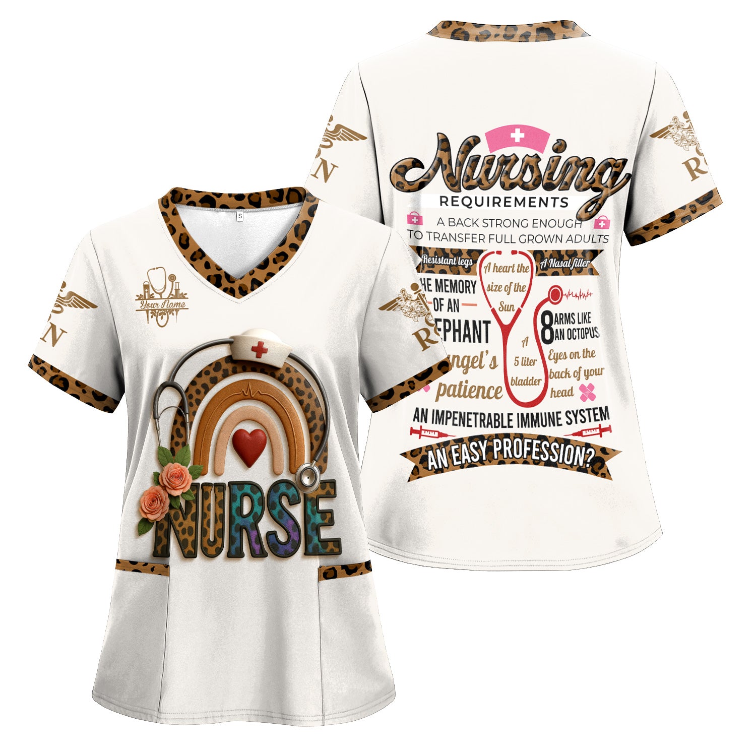 Funny Nurse Scrubs for Women - Leopard RN CNA LPN Uniform Top - Nursing Requirements Design with Custom Name
