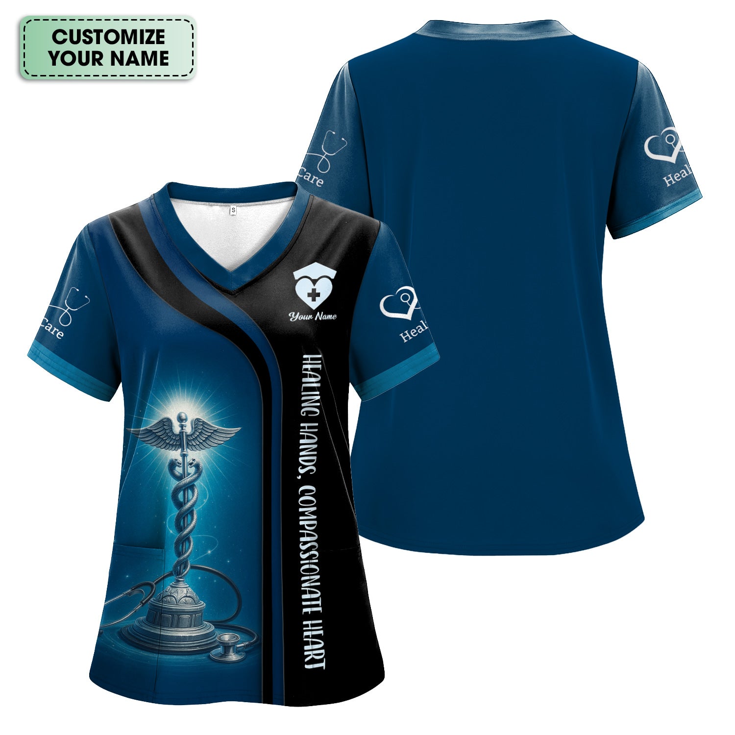 Healing Hands Compassionate Heart Shirt - Personalized Medical Apparel Gift - Caduceus Design for Nurse RN CNA LPN Healthcare Workers