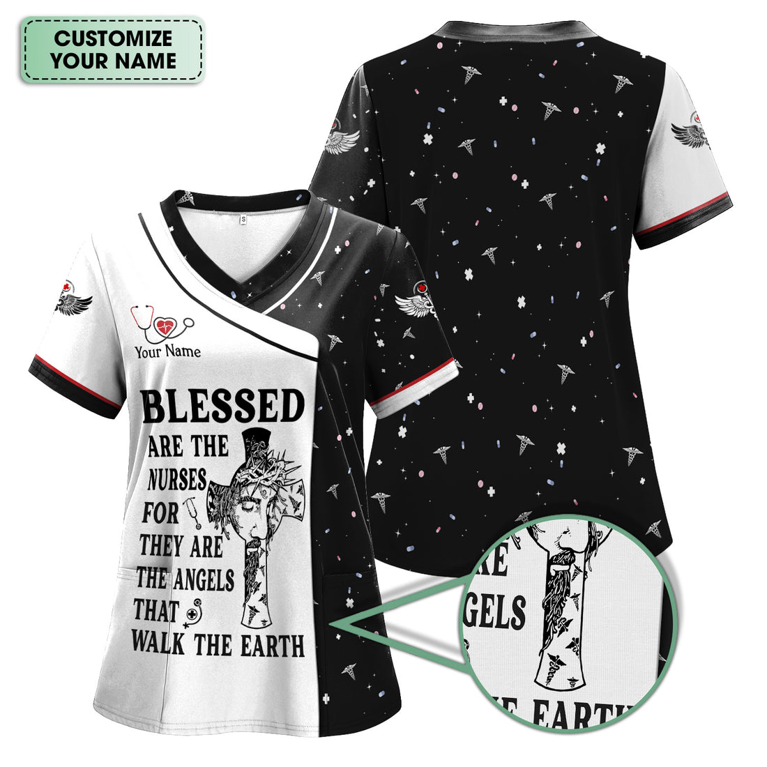 Personalized Christian Nurse Scrub Top - Jesus Cross & Angels That Walk The Earth Quote - Gift for Women RN LPN