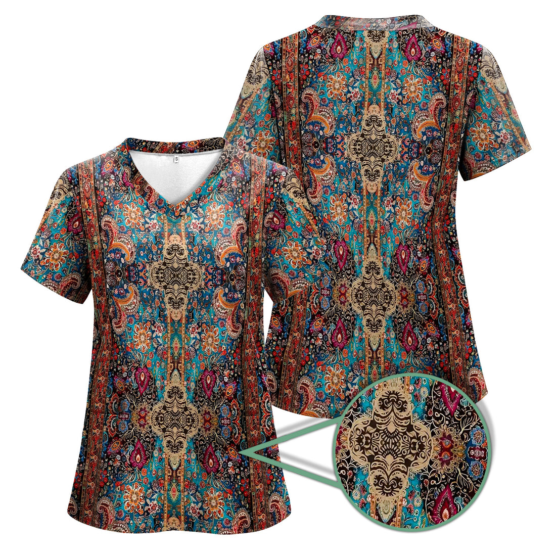 Artistic Bohemian Nurse Scrub Top - Colorful Tapestry & Boho Pattern Design - Thoughtful Gift for Women RN LPN & Healthcare Workers