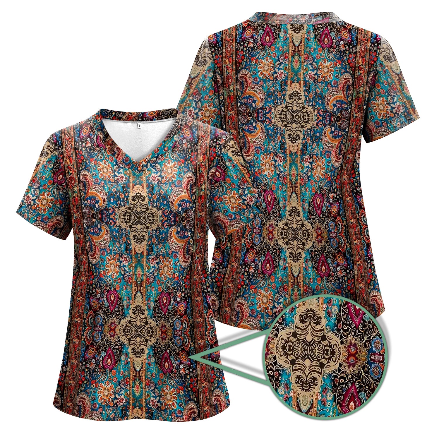 Artistic Bohemian Nurse Scrub Top - Colorful Tapestry & Boho Pattern Design - Thoughtful Gift for Women RN LPN & Healthcare Workers