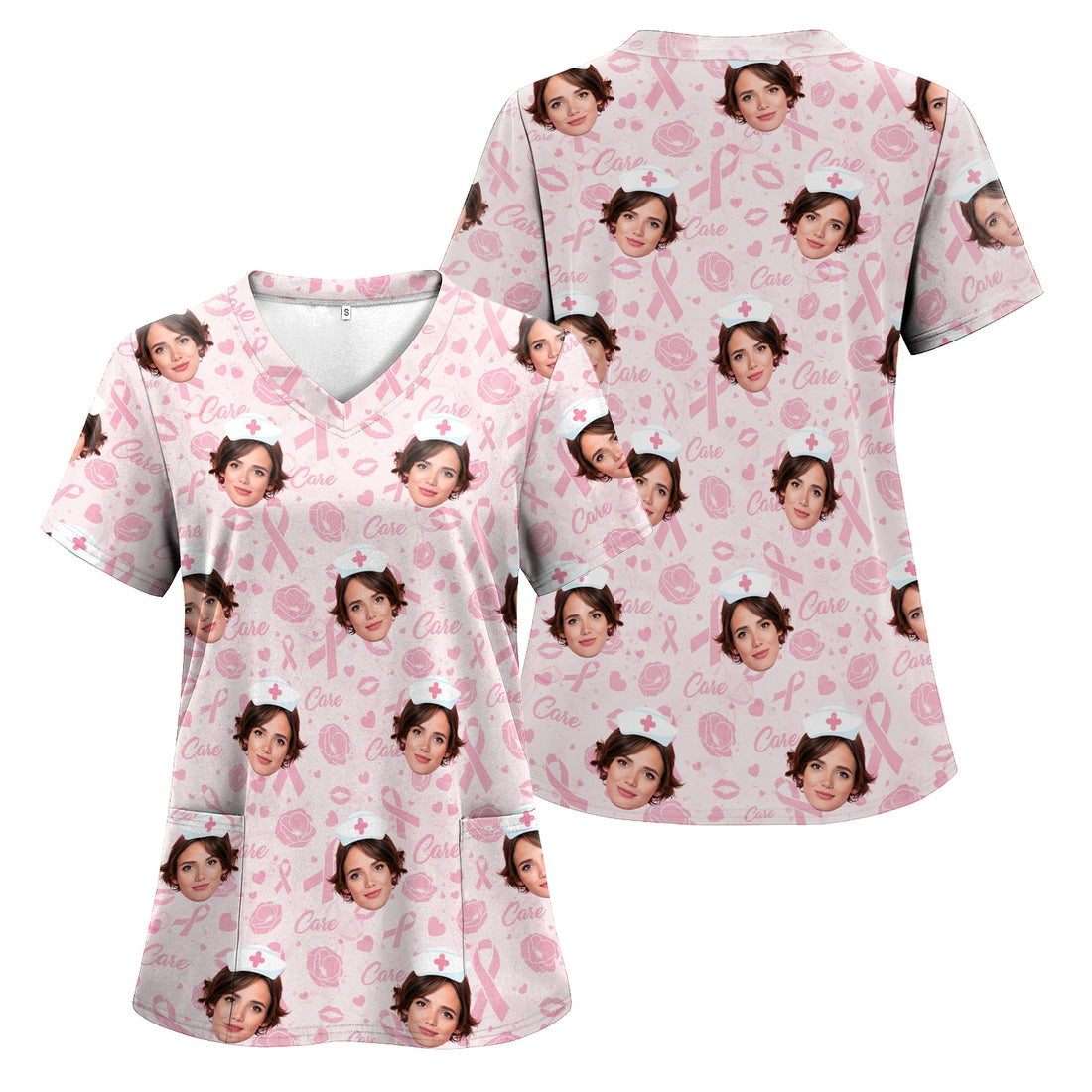 Personalized Nurse Scrub Top with Custom Face - Pink Ribbon Breast Cancer Awareness - Gift for RN LPN CNA Women Healthcare Staff