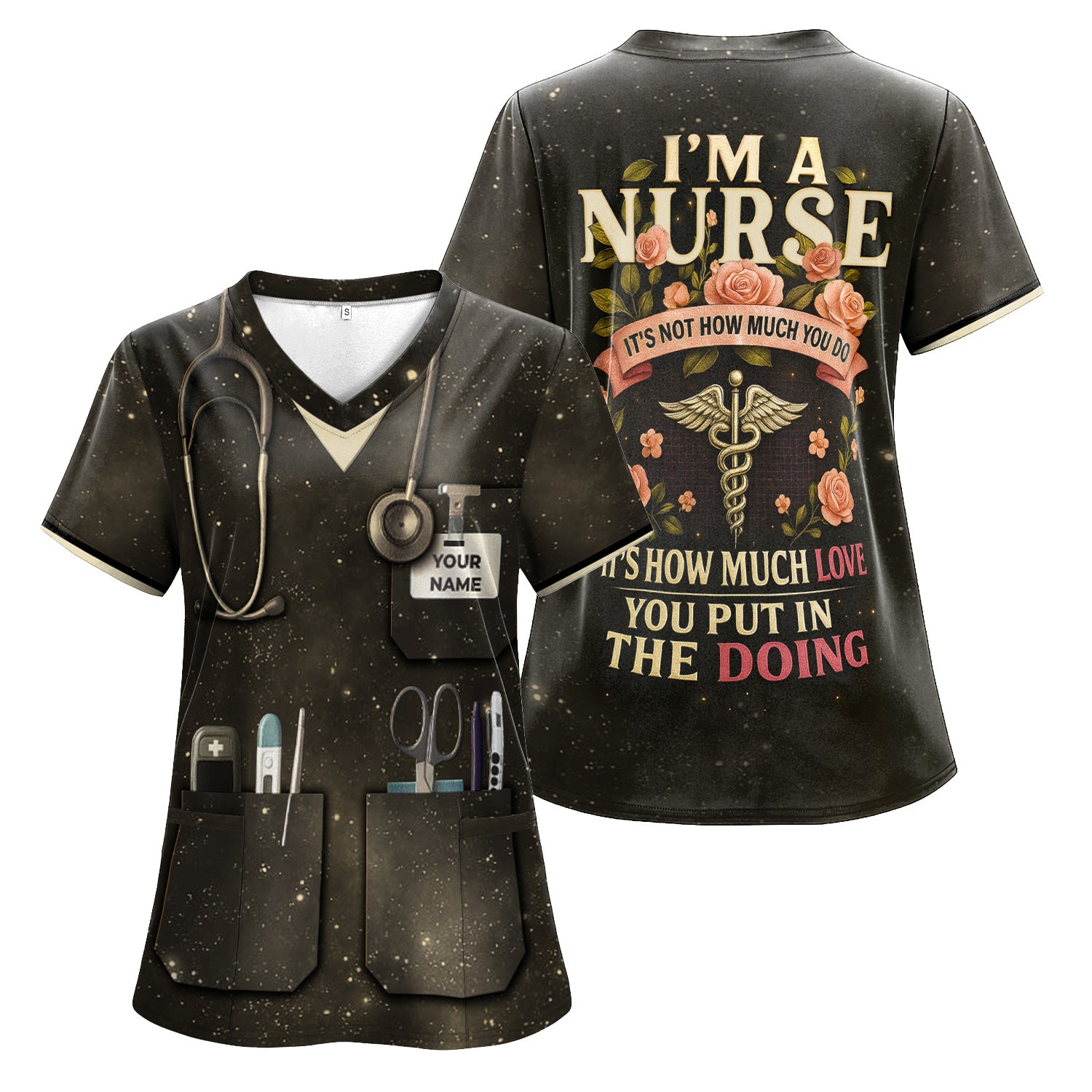 Custom Name Nurse Scrub Shirt - Stethoscope Pocket Tools & Flower Inspiration Design - Appreciation Gift for RN CNA LPN Healthcare Workers