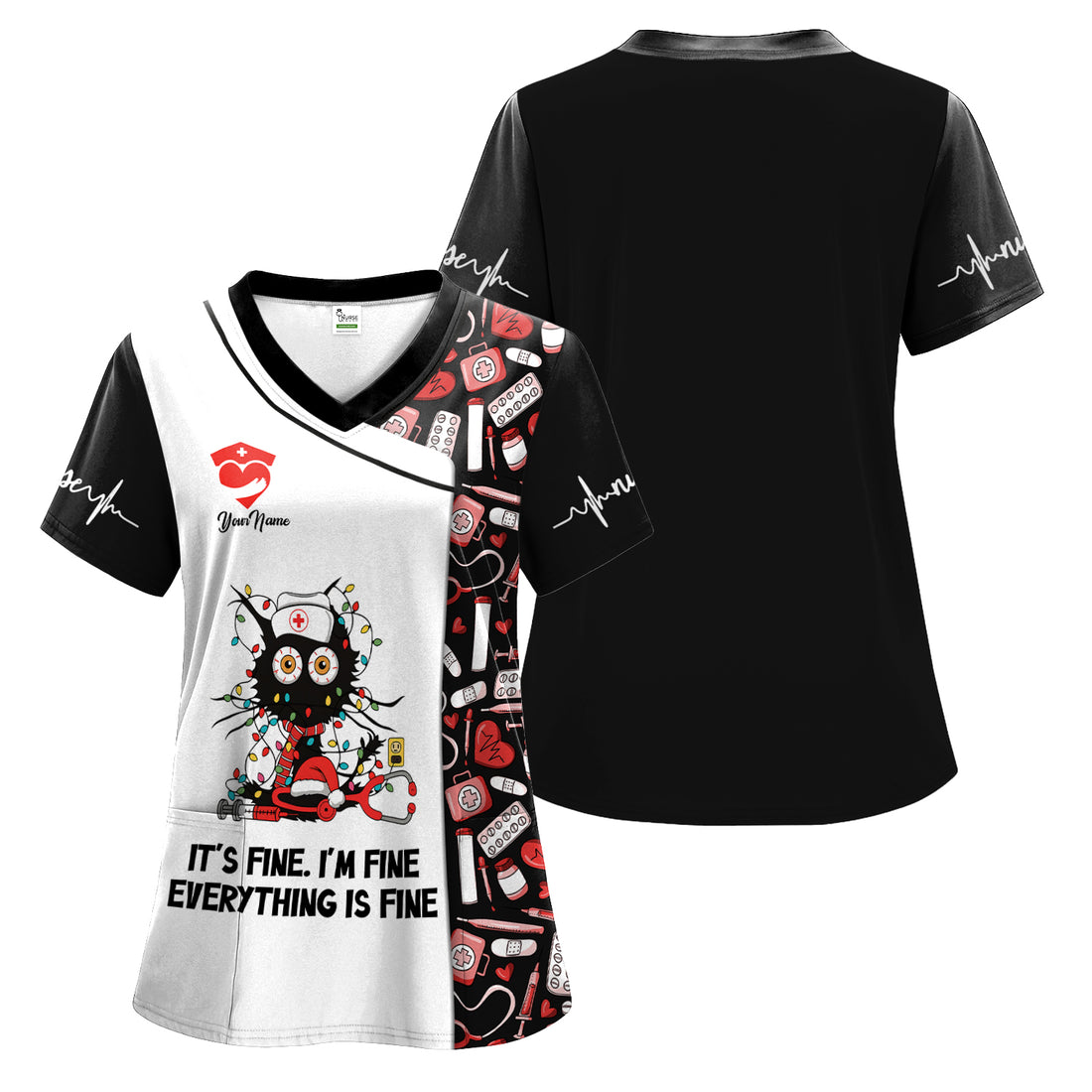 Custom Funny Nurse Christmas Scrub Top - Everything Is Fine Sarcastic Black Cat Design - Holiday Gift for Women RN LPN ER