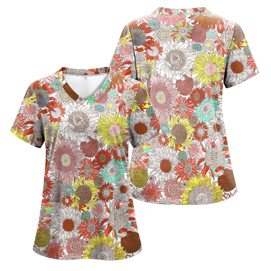 Women’s Floral Medical Scrub Shirt - Bright Sunflower Pattern for RN LPN CNA - Cute Gift for Nurses & Healthcare Professionals