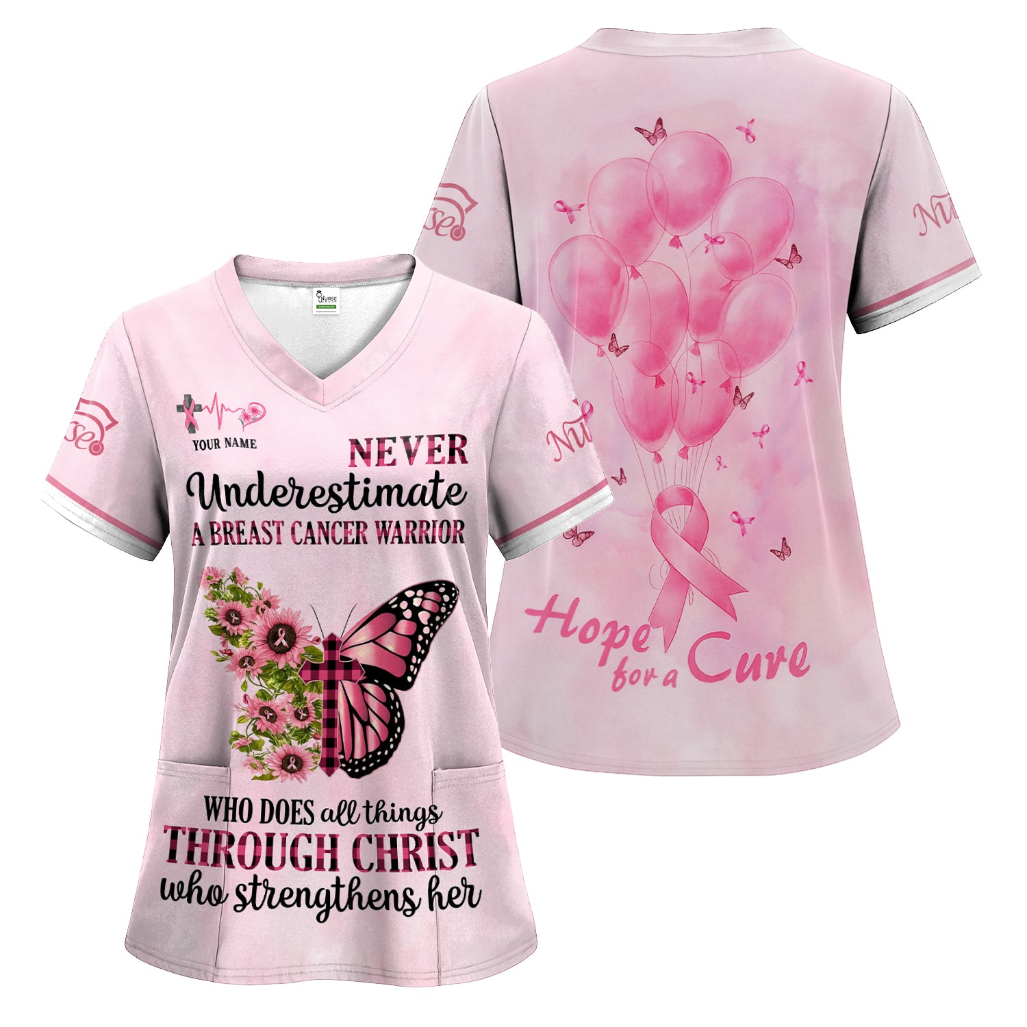 Personalized Breast Cancer Warrior Shirt  - Christian Faith Quote & Pink Butterfly Design - Gift for Women RN LPN CNA
