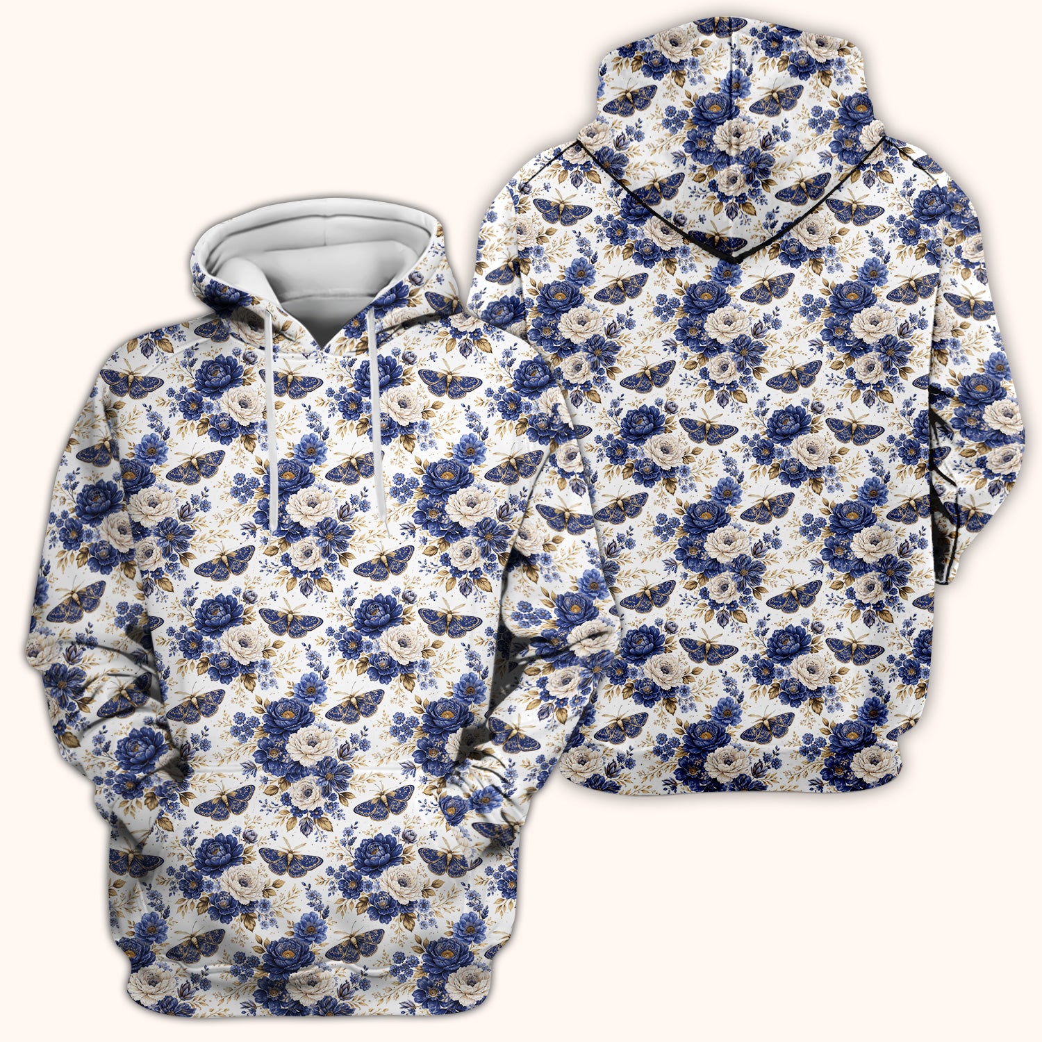 Cute Blue Floral Moth Pattern Scrub Top, Comfortable Scrubs for Nurses
