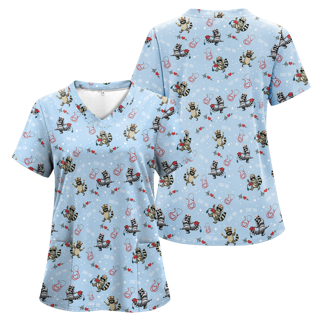 Personalized Cuff Em Medical Scrubs Shirt - Funny Gift for Nurses CNA EMT - Cute Raccoon Uniform Tee for Healthcare Staff