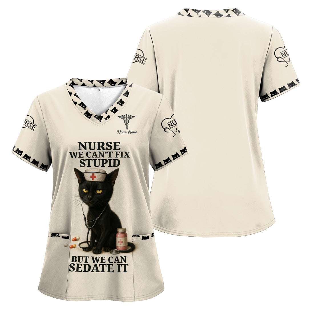Custom Nurse V-Neck Scrub Shirt - Hilarious Cat Graphic with Medical Quote - Gift for Registered Nurse LPN CNA Women