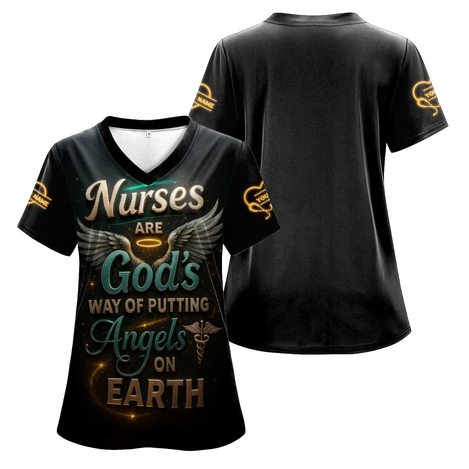 Custom Religious Nurse Scrub Shirt for Women - Angel Wings & Halo Graphic Uniform - Appreciation Gift for RN LPN CNA