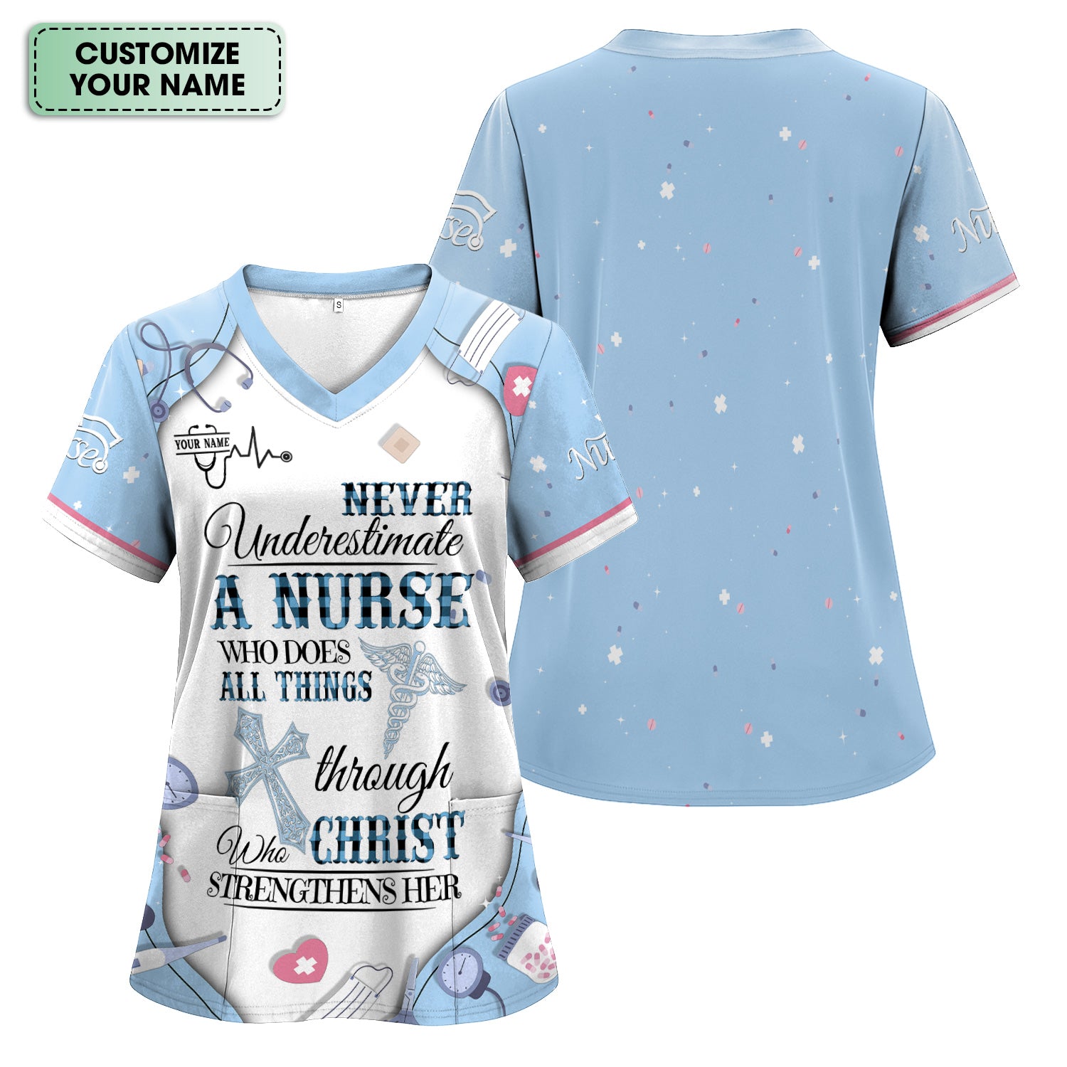 Personalized Nursing Faith Scrub for Women - Bible Verse All Things Through Christ - Religious Gift for Healthcare Professionals RN LPN CNA
