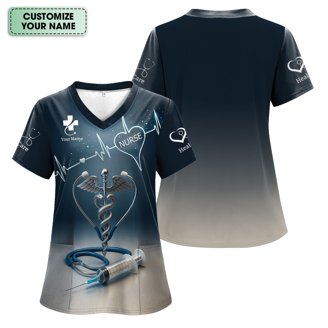 Personalized Nurse Scrubs with Caduceus Heartbeat Syringe - Custom Name Medical Apparel for RN CNA LPN - Gift for Healthcare Workers