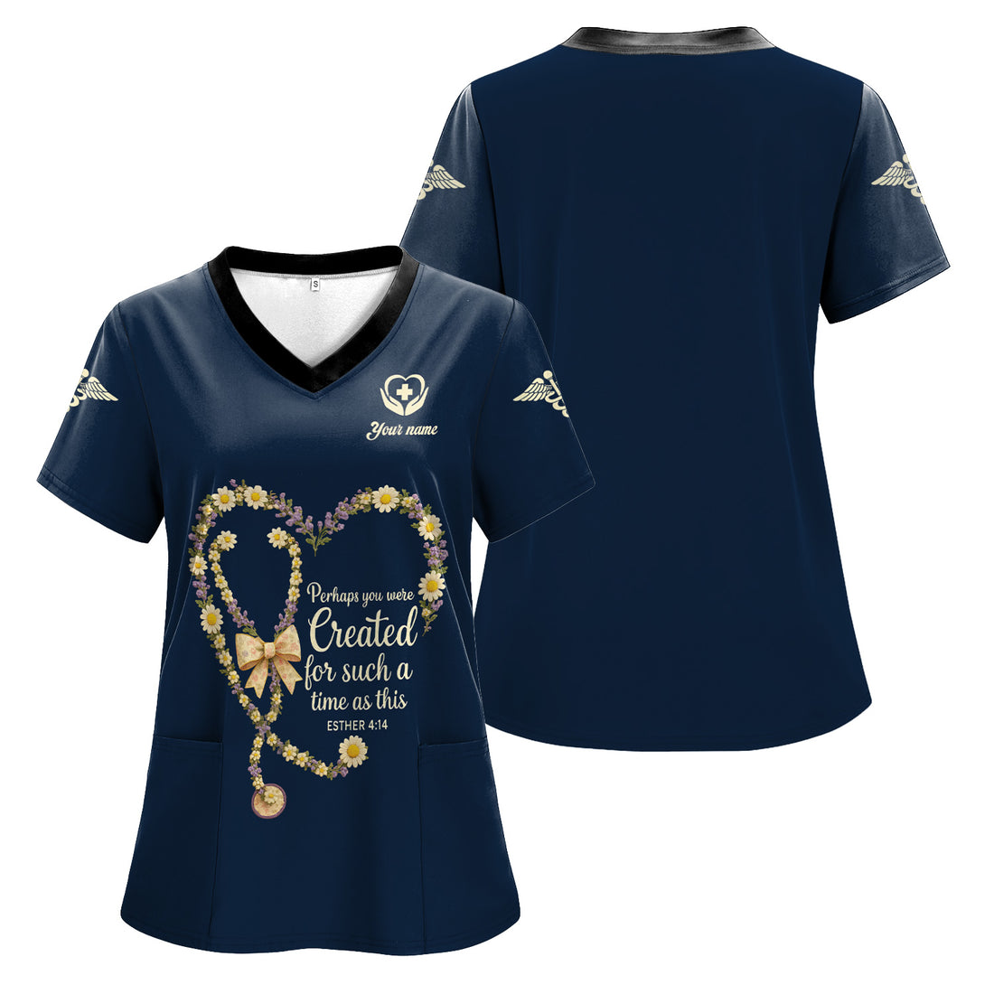 Personalized Christian Nurse Floral Scrub Top - Daisy & Lavender Stethoscope Heart Graphic - Gift for RN LPN CNA