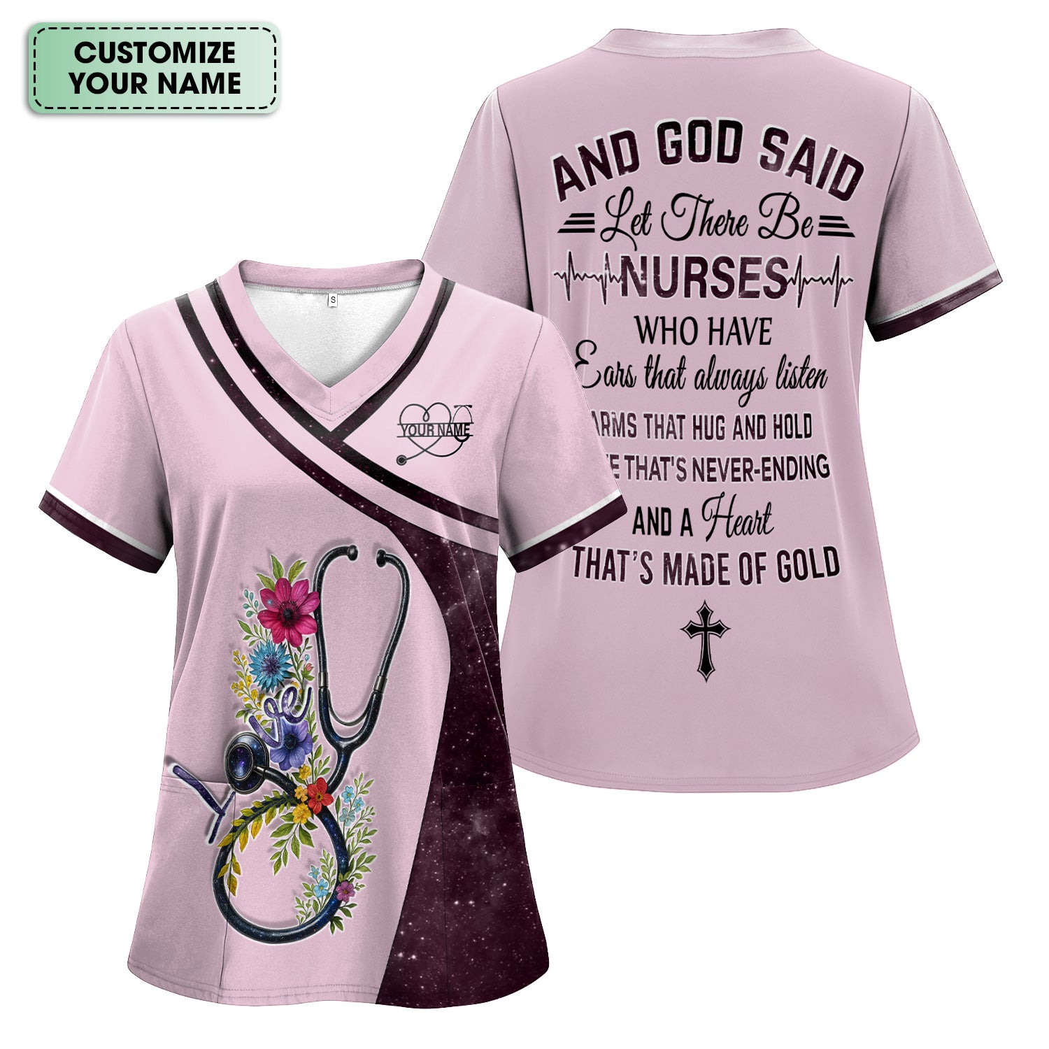 Custom Nurse Love T-Shirt - Floral Stethoscope & Galaxy Design - Personalized Gift for RN LPN CNA Healthcare Professionals