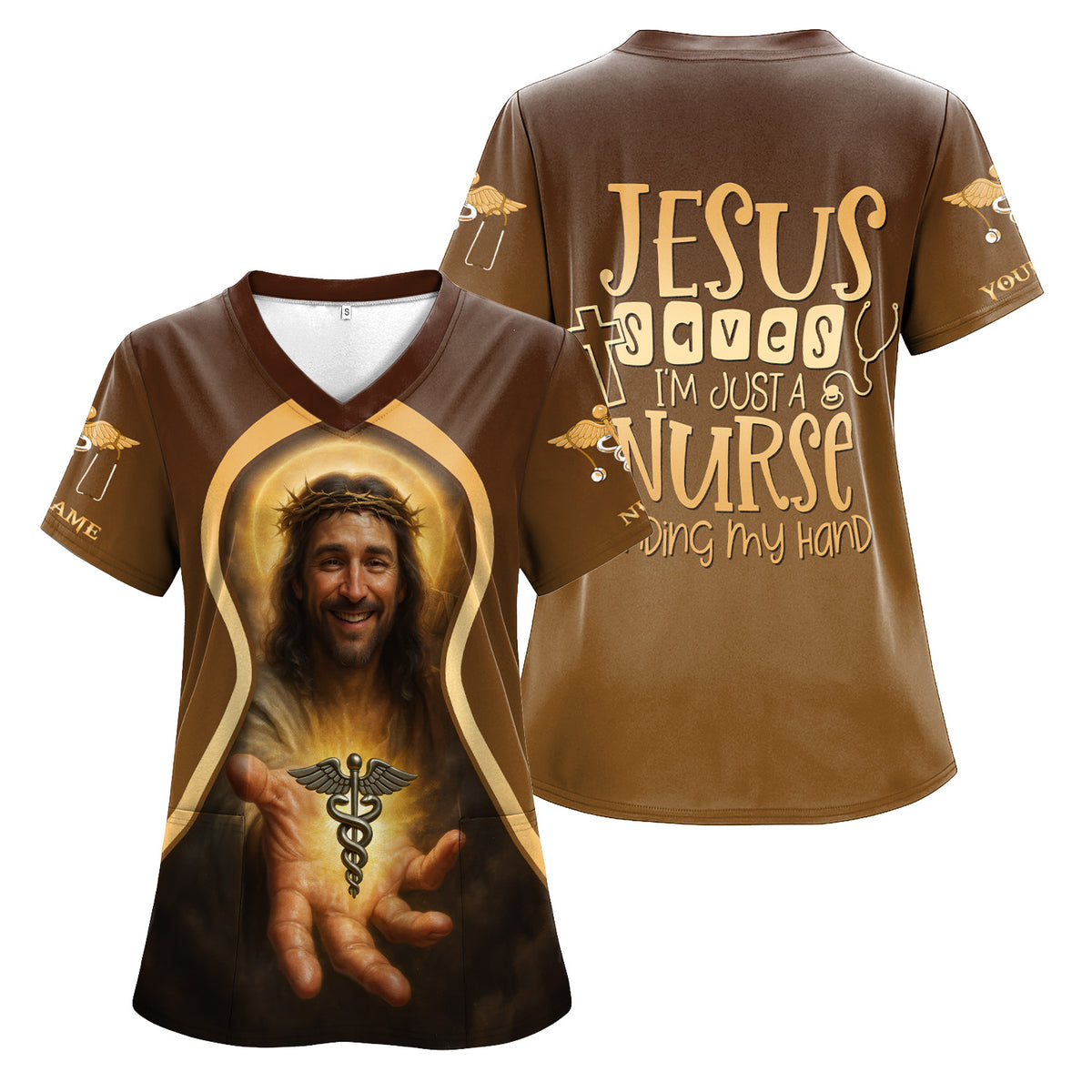 Personalized Religious Jesus Nurse Scrub Shirt for Women - Lending My Hand Faith Quote with Medical Cross - Custom Name Gift for RN CNA LPN