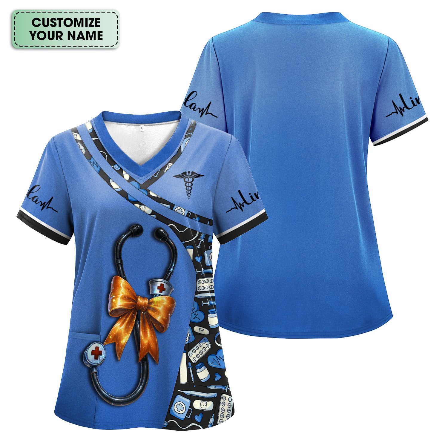 Personalized Halloween Nurse Shirt for Women - Stethoscope Scrub Top with Bow Design - Custom Name RN LPN CNA Gift