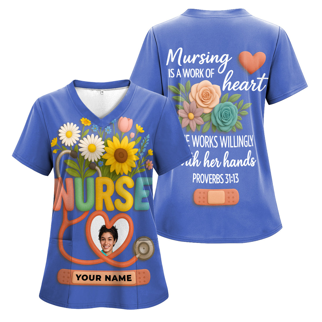 Sunflower Stethoscope Nurse Scrub - Custom Photo & Name Work of Heart Thank You Gift - Multiple Color Options Available for RN LPN CPN