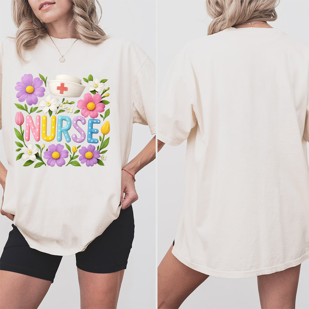 Cute Floral Nurse Shirt for Women – Colorful Spring Design with Hat & Flowers – Appreciation Gift for RN CNA LPN