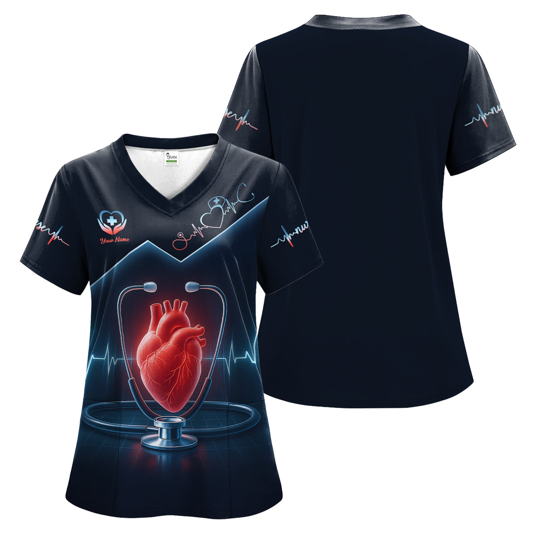 Custom Nurse Scrub Top - Heart Stethoscope EKG Graphic Medical - Personalized Gift for RN LPN CNA Nursing Staff