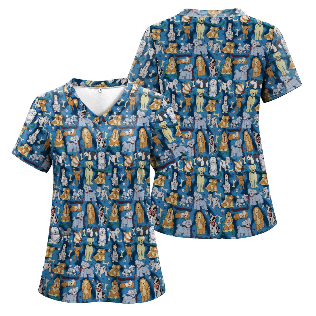 Cute Dog Lover Scrub Top for Nurse - Cartoon Dog Breeds Pattern Design - Gift for RN LPN CNA Women Healthcare Staff
