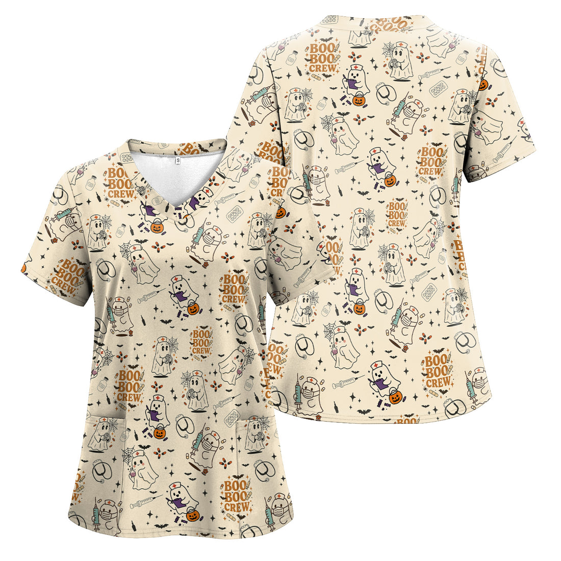 Funny Halloween Scrub Shirt for Nurses - BOO BOO CREW Ghost Design - Cute Fall Medical Top for RN CNA LPN Women