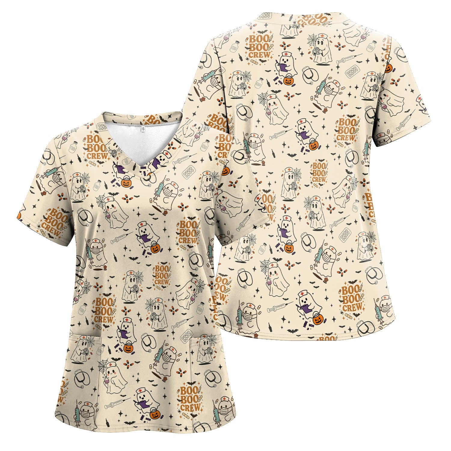 Funny Halloween Scrub Shirt for Nurses - BOO BOO CREW Ghost Design - Cute Fall Medical Top for RN CNA LPN Women
