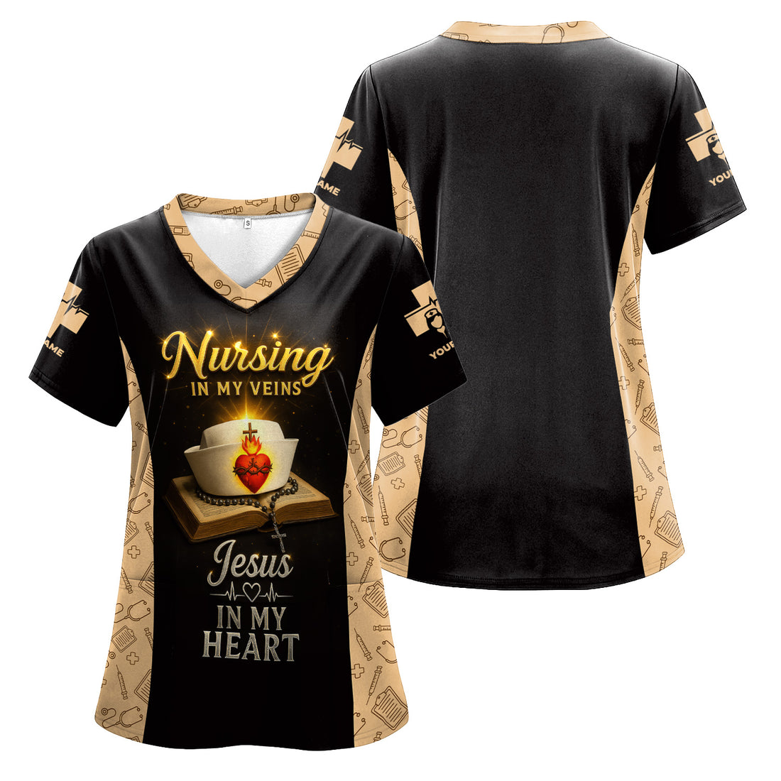 Christian Nurse Scrubs Shirt for Women - Jesus in My Heart Nursing in My Veins - Faith-Based Uniform Top Gift for RN CNA LPN