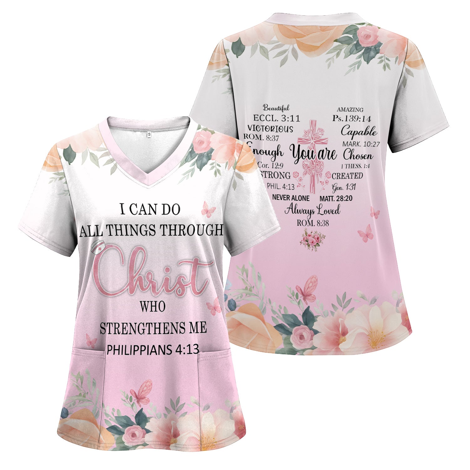 Christian Inspirational Floral Shirt - Inspirational Bible Verse Apparel - Gift for RN LPN CNA Healthcare Staff