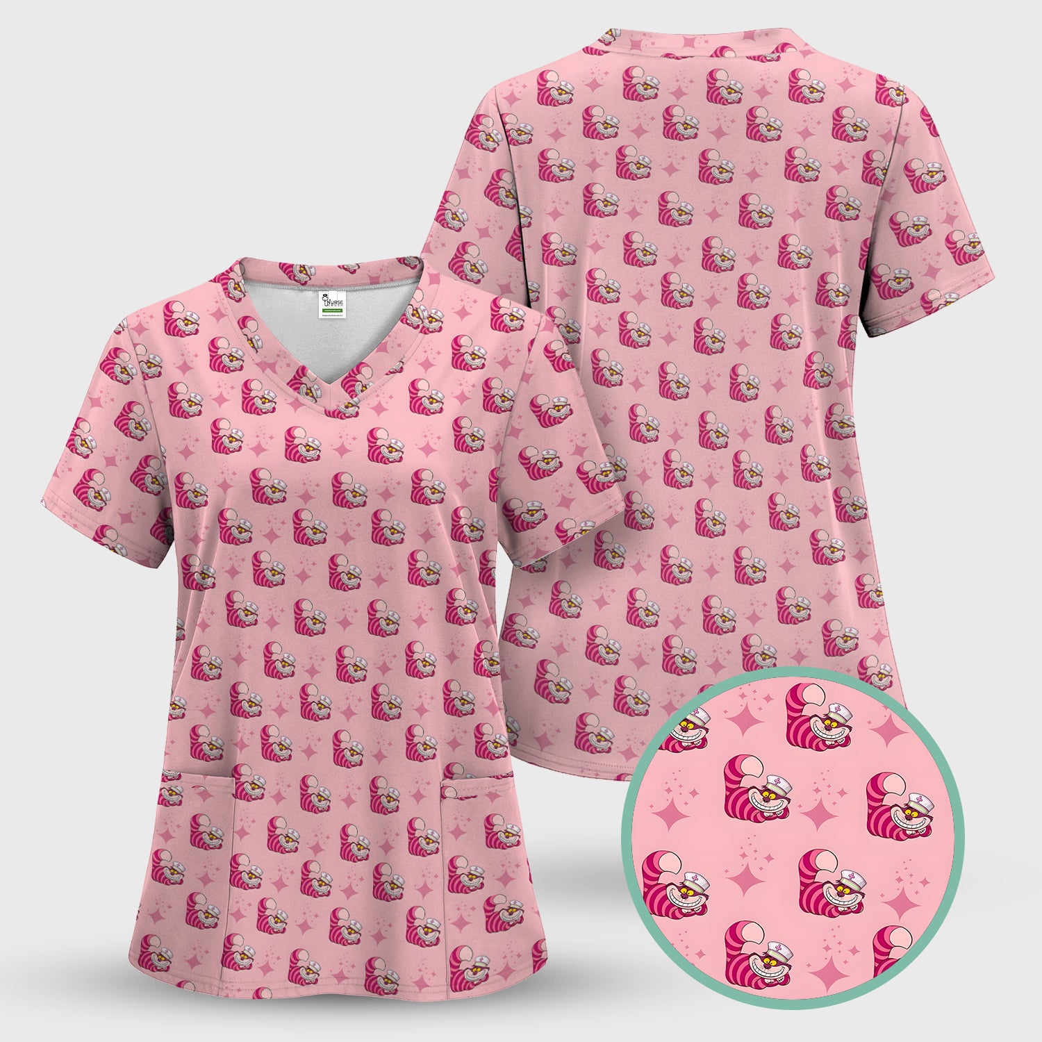Cute Pink Mouse Print Nurse Scrubs - Funny Cartoon Animal Nursing Scrub Top For Women - Medical Uniform Gift For Healthcare Workers RN LPN CNA