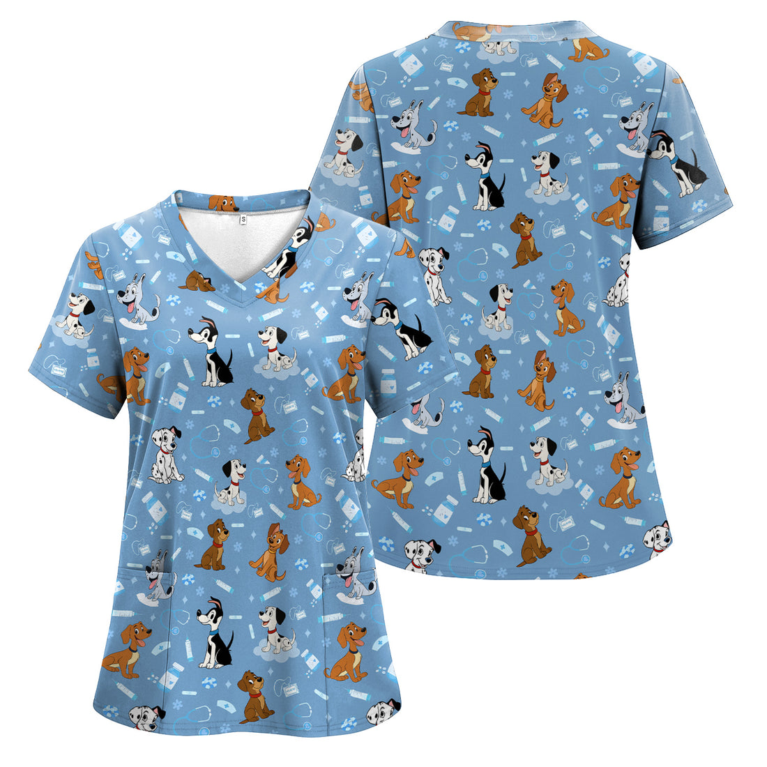 Cute Cartoon Dog Scrubs Top - Fun Puppy Pattern Medical Shirt for Veterinarians, Vet Techs, Animal Lovers - Pet Care Workwear Gift