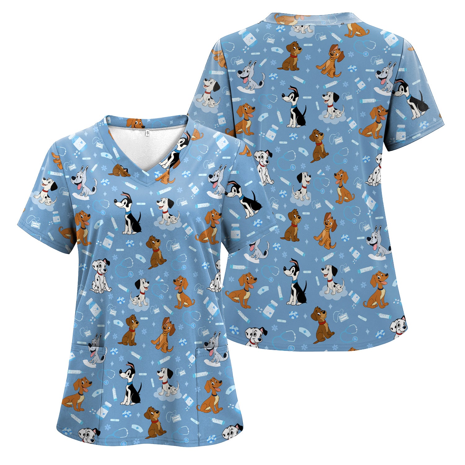 Cute Cartoon Dog Scrubs Top - Fun Puppy Pattern Medical Shirt for Veterinarians, Vet Techs, Animal Lovers - Pet Care Workwear Gift