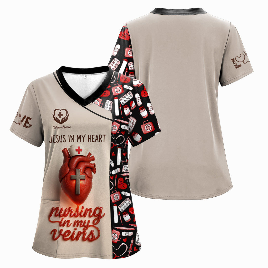 Jesus in My Heart Nurse Scrub Top - Nursing in My Veins Faith Shirt - Christian RN CNA LPN Gift for Women