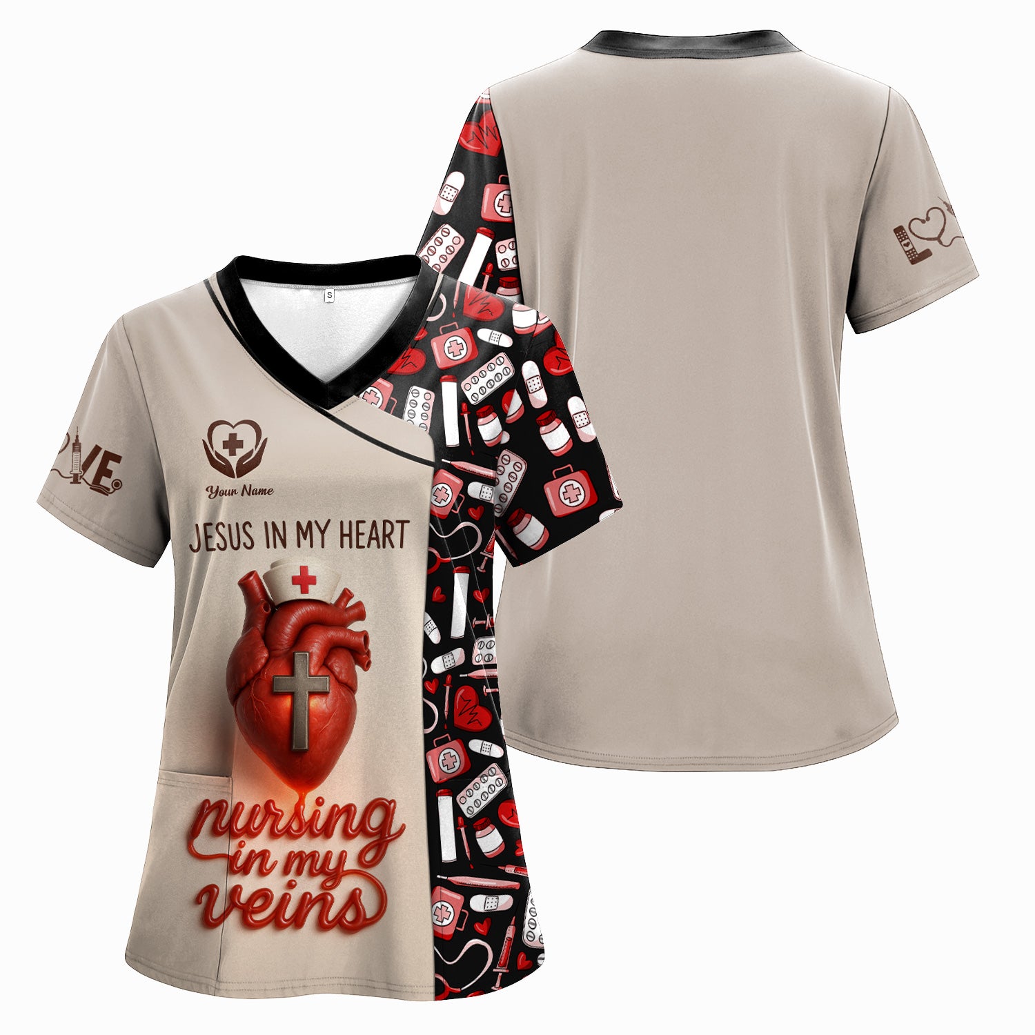 Jesus in My Heart Nurse Scrub Top - Nursing in My Veins Faith Shirt - Christian RN CNA LPN Gift for Women