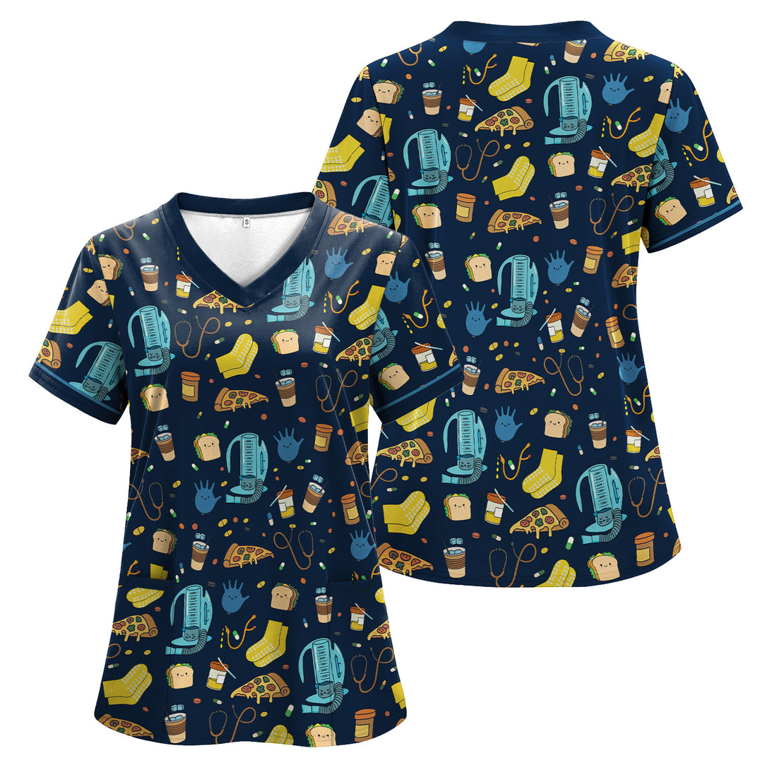 Funny Cartoon Nurse Scrub Top for Women - Cute Medical Icons with Pizza, Coffee - Gift for RN, CNA, Healthcare Worker