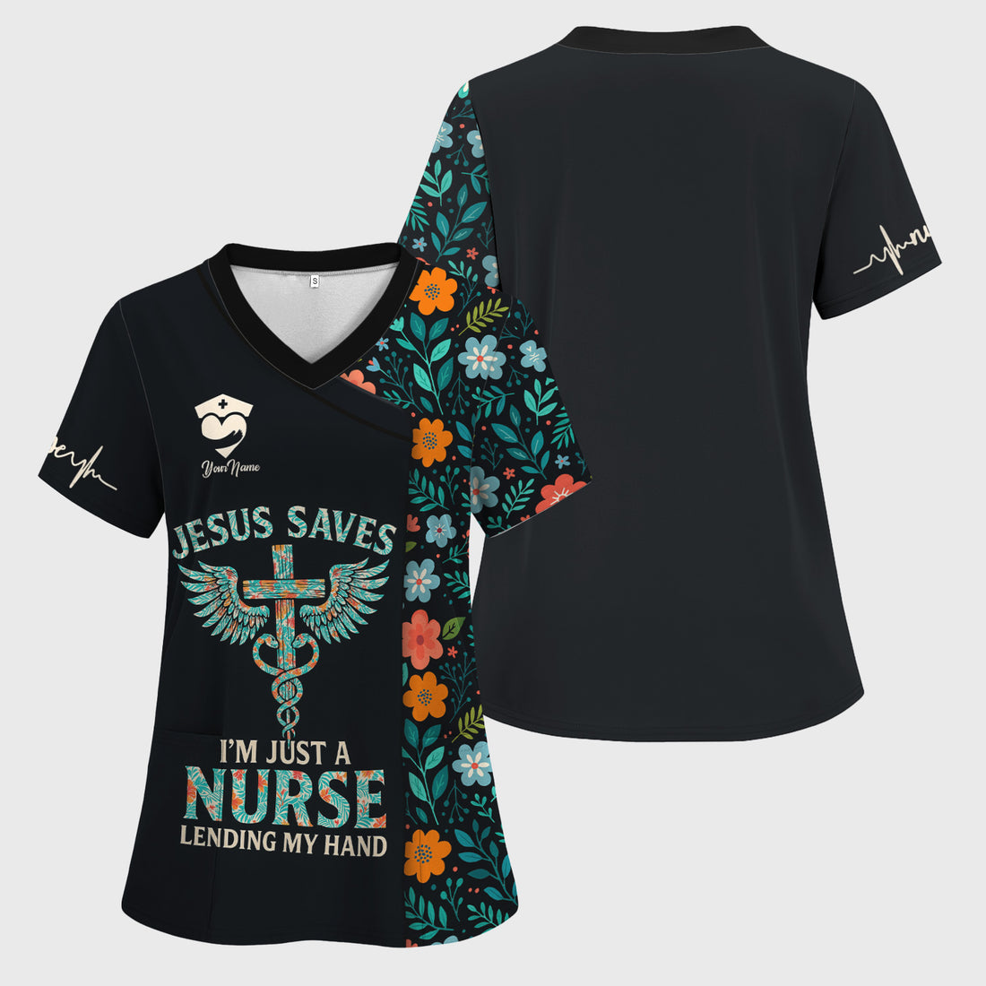 Personalized Jesus Saves Nurse Scrub Top - Christian Faith Medical Top with Floral - Gift for Healthcare Workers RN LPN