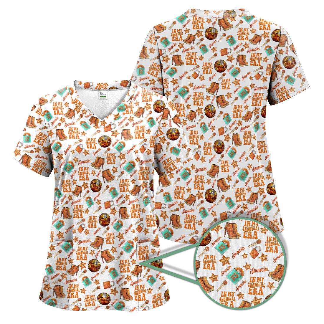 Trendy Women's Showgirl Nurse Scrub - In My Showgirl Era & TS12 Orange Shirt - Gift for RN LPN CNA & Healthcare Workers