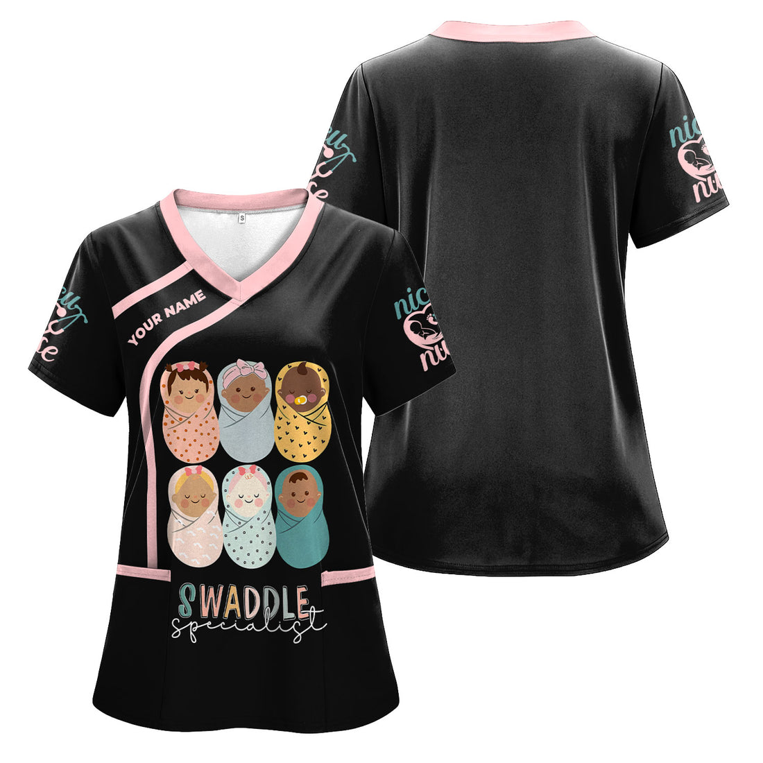 Swaddle Specialist Scrub Top - Cute NICU Nurse Shirt with Baby Design - Personalized Gift for Women RN CNA LPN Nursery Staff